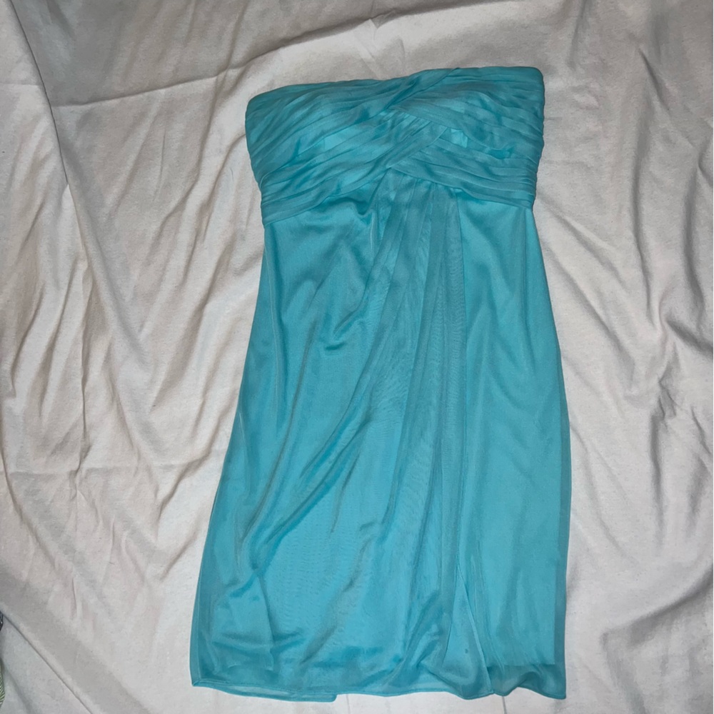 Tiffany blue David's Bridal strapless chiffon dress gown formal wedding 8 medium
